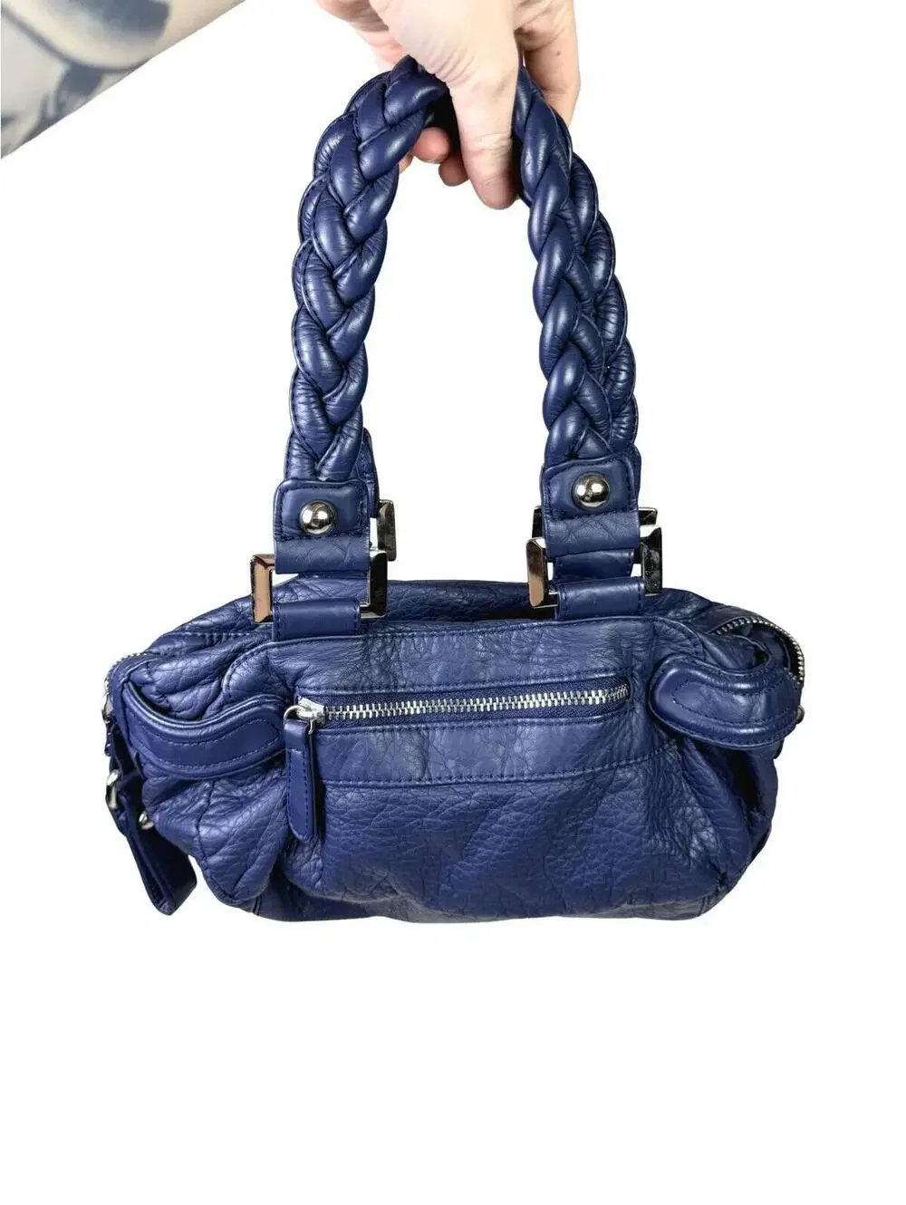 Y2K Black Rivet Blue Braided Handle Satchel Bag McBling Purse